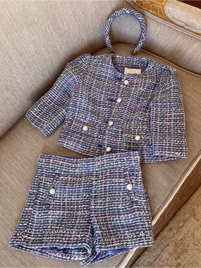 Classic Tweed Pearl Button Two-Piece Set with Headband